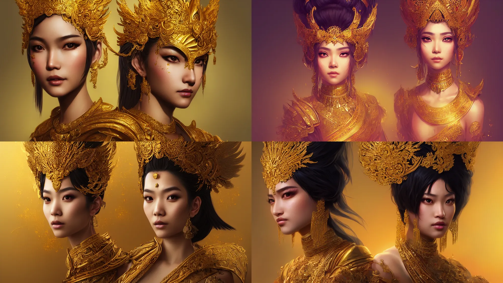 Prompt: studio photoshoot of a majestic asian princess with intricate golden mask, headshot, golden asian patterns, style of Krenz Cushart, Ashley Wood, and Charlie Bowater and Craig Mullins, featured in artstation, octane render, cinematic, elegant, intricate, 8k