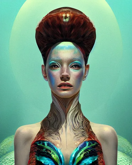 Prompt: portrait of Karol G as a mermaid. intricate abstract. intricate artwork. by Tooth Wu, wlop, beeple, dan mumford. mulholland drive by david lynch, dune by david lynch, octane render, trending on artstation, greg rutkowski very coherent symmetrical artwork. cinematic, hyper realism, high detail, octane render, 8k, iridescent accents