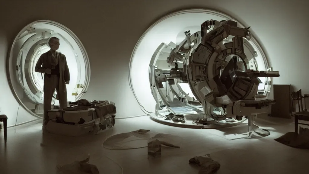 Image similar to an mri section of james cavell in the living room, film still from the movie directed by denis villeneuve with art direction by salvador dali, wide lens