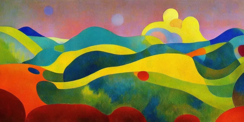 Prompt: A modernist landscape painting. Wild energy patterns rippling in all directions. Curves, zig-zags. Organic. Mountains. Clouds. Vegetation. Rushing water. Waves. LSD. Fauvism. Odilon Redon. Agnes Pelton. Peter Max.