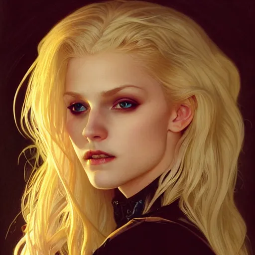 Prompt: portrait of a beautiful young blonde vampire, anatomically correct, dark, piercing eyes, gentle expression, elegant clothing, photorealistic, highly detailed, artstation, smooth, sharp focus, art by michael whelan, artgerm, greg rutkowski and alphonse mucha