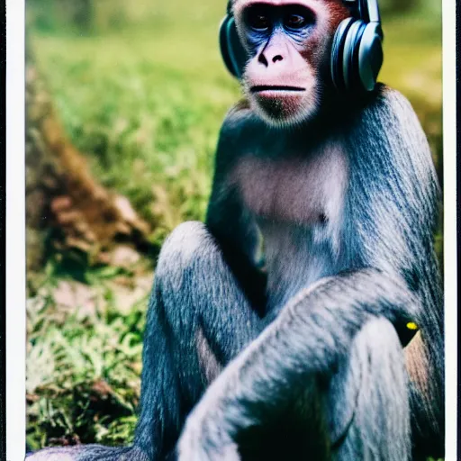 Image similar to a polaroid photo of a monkey with headphones