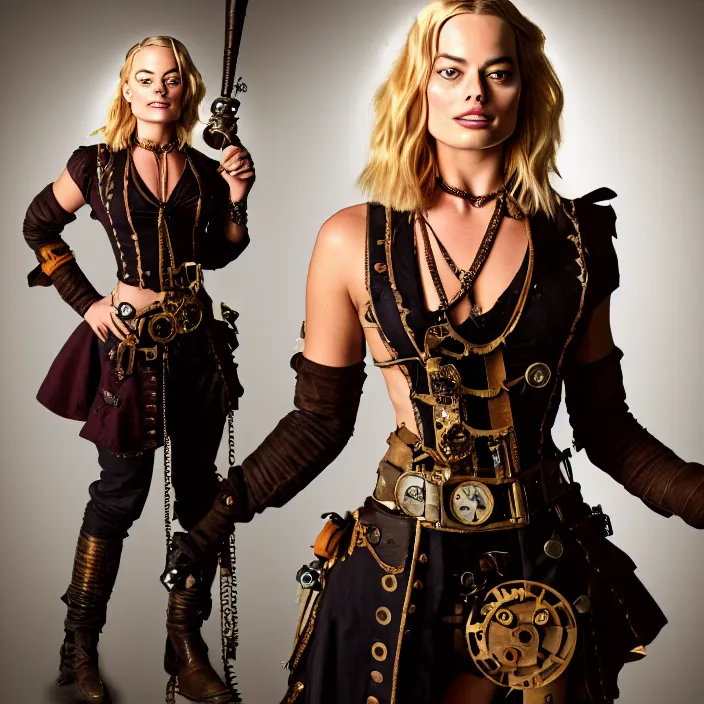 Image similar to full body photograph of margot robbie as a steampunk pirate. Extremely detailed. 8k