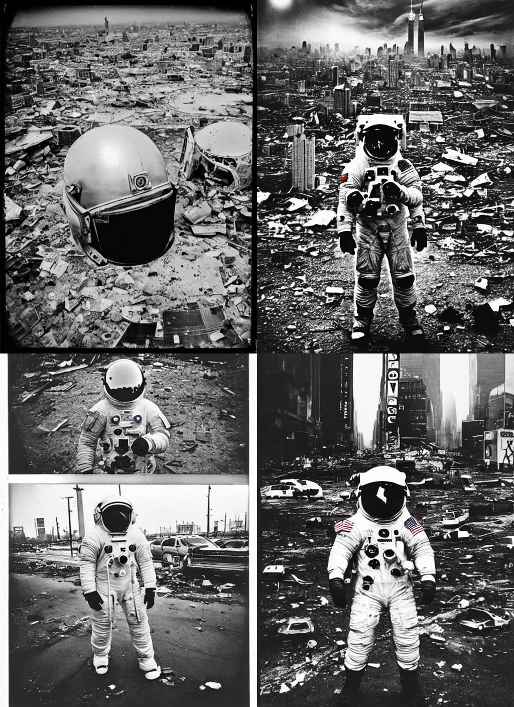 Prompt: grayscale!!! american white spacesuit astronaut with oversized helmet in postapocalyptic abandoned destroyed times square, wrecked buildings, destroyed flipped wrecked cars, giant crater in distance, polaroid photograph!, specks, dirty, stains, dramatic dark, grayscale 1 9 0 0 s picture