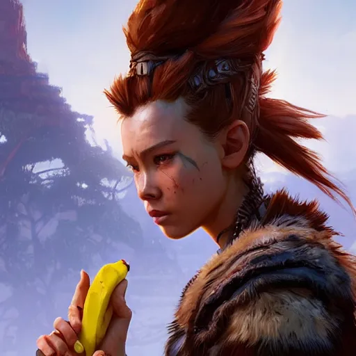 Prompt: wide shot, aloy from horizon zero dawn eating a bannana, digital art, highly detailed, digital painting, symmetry, concept art, sharp focus, illustration, art by artgerm! greg rutkowski magali villeneuve wlop! ilya kuvshinov!!, octane render