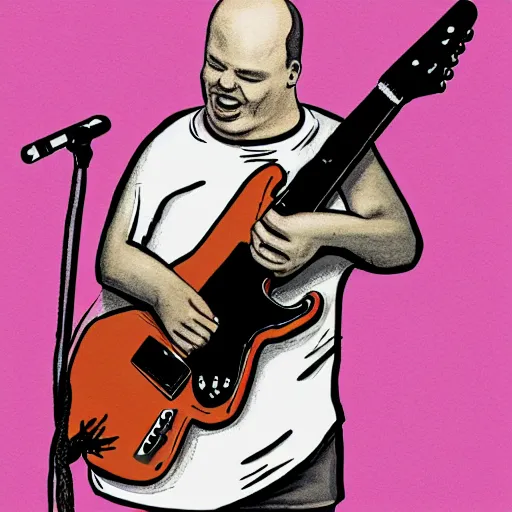 Prompt: Black Francis playing a giant piece of bacon like a guitar, illustration