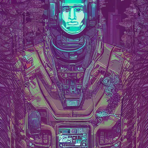 Image similar to Stunningly intricate illustration of single cyberpunk explorer overlooking lush forest, highly detailed, midnight, small glowing orbs by Josan Gonzalez and Dan Mumford , Moebius, Laurie Greasley