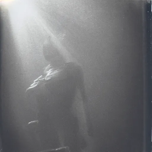 Image similar to wide angle, dark old polaroid of a ethereal humanoid creature, being illuminated by few sun rays, black and white