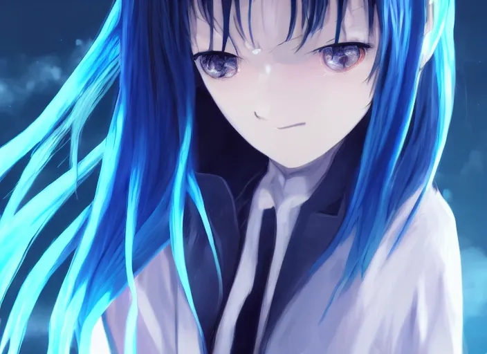 Image similar to rimuru with sky blue straight hair, bangs,!! amber eyes!! wearing a black jacket, high collar, concept art, award winning photography, digital painting, cinematic, by wlop, anime key visual, wlop, pixiv, 8 k, by ross tran yoshitaka amano, ilya kuvshinov,