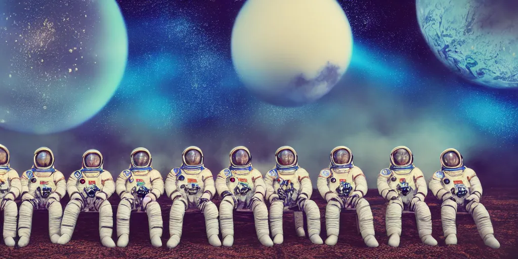 Image similar to twelve cosmonauts sitting by the river with a big holiday cake + octane render + ue 5 + planets and stars + mystical fog + psychedelic colors + super detail, high quality