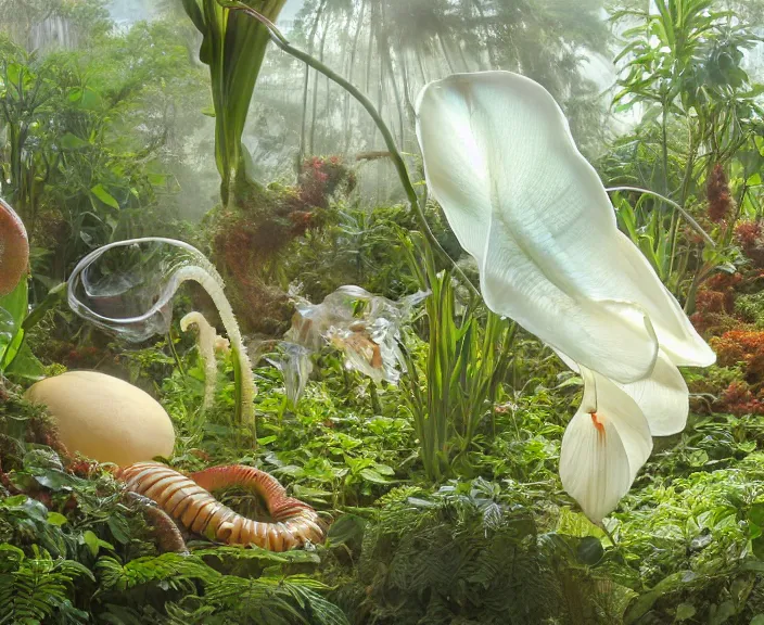 Image similar to simplicity, transparent clear see - through image of mollusks, lush botany, orchids, ferns, garden environment, ultra realistic, concept art, art nouveau, photorealistic, octane render, 8 k, unreal engine. art by gustave dore and nori inoguchi and sam kaplan and zachary goulko and christopher marley and artgerm and alphonse mucha