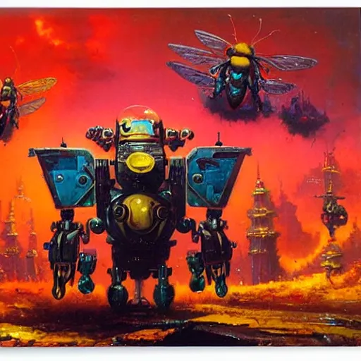 Image similar to a large anthropomorphic bee shaped mecha by paul lehr and moebius