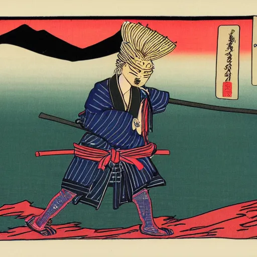 Prompt: Donald Trump in a samurai costume by Hiroshige