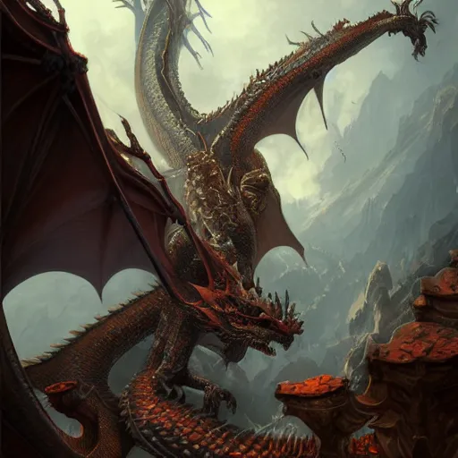 Image similar to low angle shot of a Dragon by chen rong, intricate, elegant, highly detailed, centered, digital painting, artstation, concept art, smooth, sharp focus, illustration, artgerm, Tomasz Alen Kopera, Peter Mohrbacher donato giancola, Joseph Christian Leyendecker, WLOP, Boris Vallejo, Bernat Martorell style,