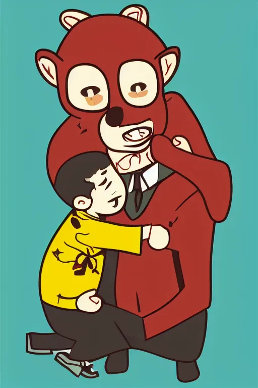 Prompt: the big bad wolf wearing a suit hugging his son, colorful, sticker, vector art, clean,