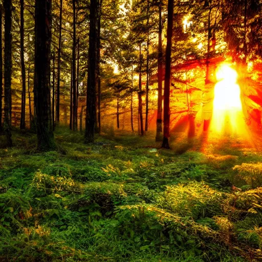 Image similar to morning dawn, the sun rose above the earth, the forest is golden, filled with morning dawn,