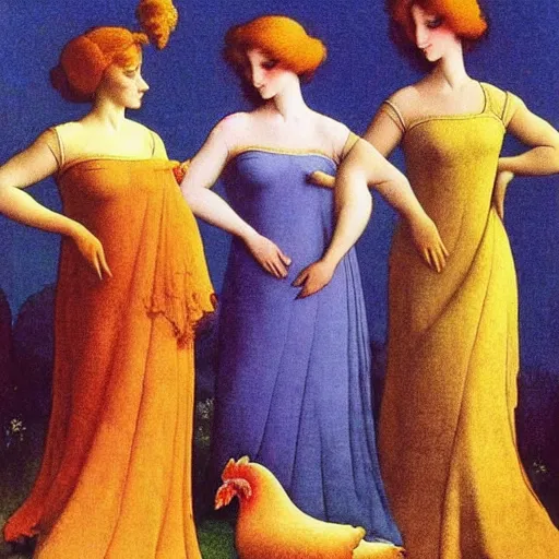 Image similar to seven hens in dresses, maxfield Parrish