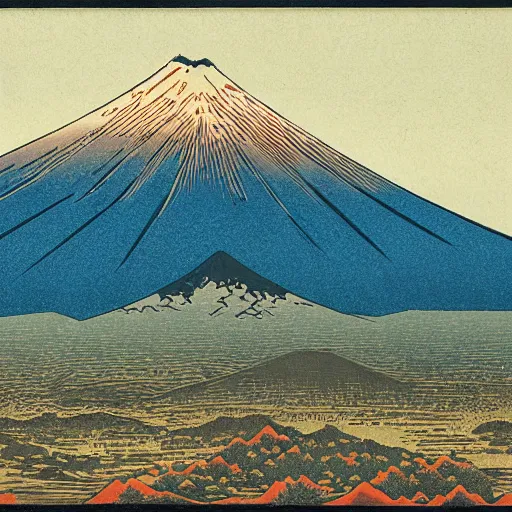 Prompt: Fujiyama, mountain range, valley with villages, small clouds in the sky, woodblock print, by Hiroshi Yoshida