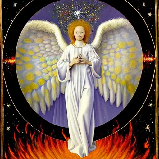 Prompt: highdetailed hyperrealistic painting of white angel!!! no gender!!!, giant ball of miracle light from the chest!!!!!, white sparkles everywhere, lot of fire and stars overhead!!!, by jan van eyck, holography space, glow effect, large strokes, soft and clean, white monochrome color