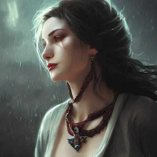 Prompt: female vampire, heavy rain, wind, thunder, reflections, deep focus, d & d, fantasy, intricate, elegant, highly detailed, digital painting, artstation, concept art, matte, sharp focus, illustration, hearthstone, art by artgerm and greg rutkowski and alphonse mucha