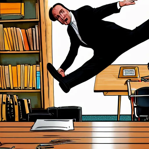 Image similar to saul goodman doing a kickflip across the judge's desk, movie film still, hq, hdr