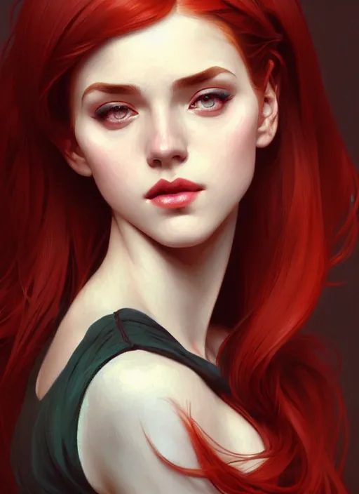 Image similar to a full body fashion photography of a girl focused over chessboard, red hair, intricate, elegant, clearly visible face, highly detailed, digital painting, artstation, concept art, smooth, sharp focus, illustration, art by artgerm and greg rutkowski and alphonse mucha, 8 k