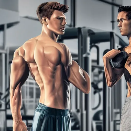 Image similar to a realistic detailed photo of a guy who is an attractive humanoid who is half robot and half humanoid, who is a male android, attractive and handsome jogger, shiny skin, posing like a statue, blank stare, in a factory, on display, showing off his muscles, wearing gym shorts, side view, looking at each other mindlessly