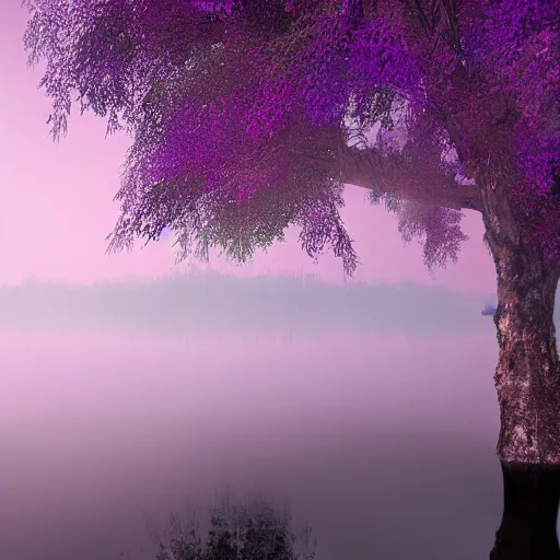 Image similar to A lake covered in purple mist. Award-winning digital art; trending on ArtStation