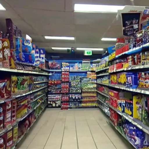 Image similar to security camera footage of a sports mascot knocking items off the shelves in a convenience store