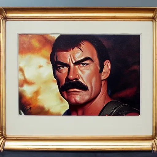 Prompt: ultra realistic portrait painting of tom selleck as the rock, art by frank frazetta, 4 k, ultra realistic, highly detailed, epic lighting