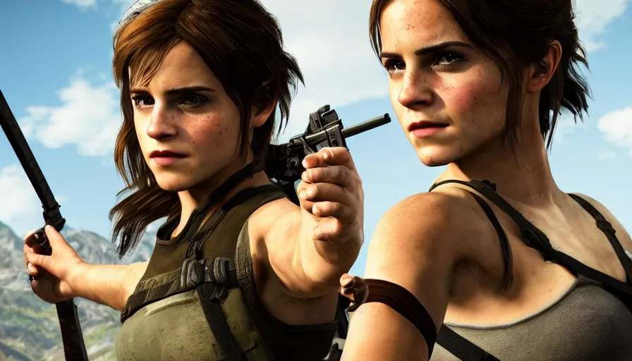 Image similar to emma watson as lara croft in the new videogame, 8 k screenshot closeup