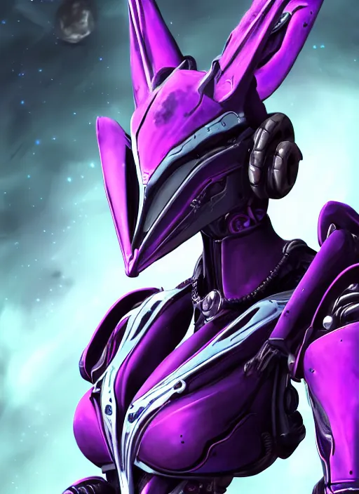 Image similar to cinematic close shot, galactic sized proportional stunning beautiful hot female warframe goddess, sleek robot mecha dragon head, metal ears, led purple eyes, smooth fuschia skin, smooth silver armor, floating in space, holding a galaxy, epic proportions, epic detail, furry art, dragon art, giantess art, warframe fanart, furaffinity, octane