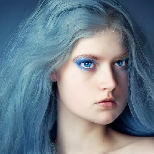 Image similar to A stunningly beautiful high key studio portrait adorable young curvy elven princess with Steve McCurry blue eyes. Pale skin.