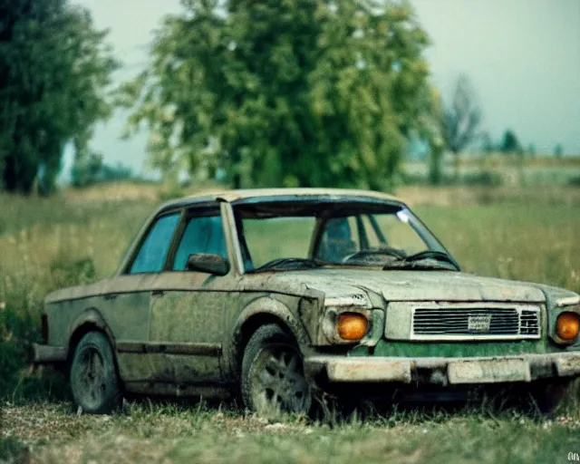 Image similar to a lomographic photo of old lada 2 1 0 7 standing in typical soviet yard in small town, hrushevka on background, cinestill, bokeh