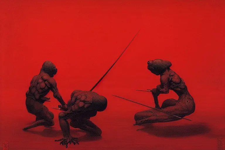 Image similar to only with red, a red samurai do seppuku, tokio, a lot of frogs watch, in the style of beksinski, parts by edward hopper, parts by rodcenko, parts by yue minjun, intricate and epic composition, red by caravaggio, insanely quality, highly detailed, masterpiece, red light, artstation, 4 k