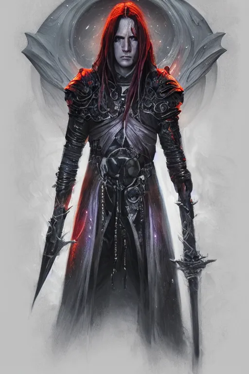 Image similar to portrait of Elric of Melibourne, long white hair, black paper, vivid colors, Long black sword with red glowing runes, by Bastien LeCouffe-Deharme, J. C. Leyendecker, Craig Mullins, Marc Simonetti, greg rutkowski, trending on Artstation