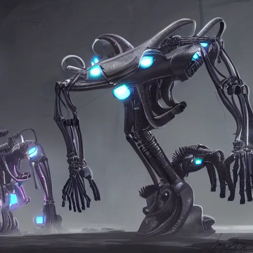 Prompt: concept art of alien robots, rendered, unreal engine 6, highly detailed, 4 k