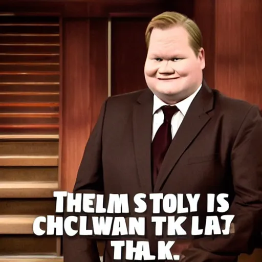 Image similar to Andy Richter is wearing a chocolate brown suit and necktie, holding a sign that reads Stop making these images of me of I WILL tell Conan!! Andy has a stern look on his face