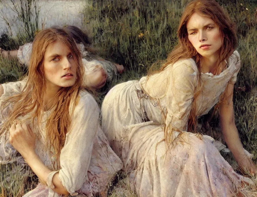 Image similar to beautiful peasant sisters with long hair, cottage core, cinematic focus, polaroid photo bleached vintage pastel colors high - key lighting, soft lights, foggy, by jean auguste dominique by steve hanks, by lisa yuskavage, by serov valentin, by tarkovsky, 8 k render, detailed, oil on canvas