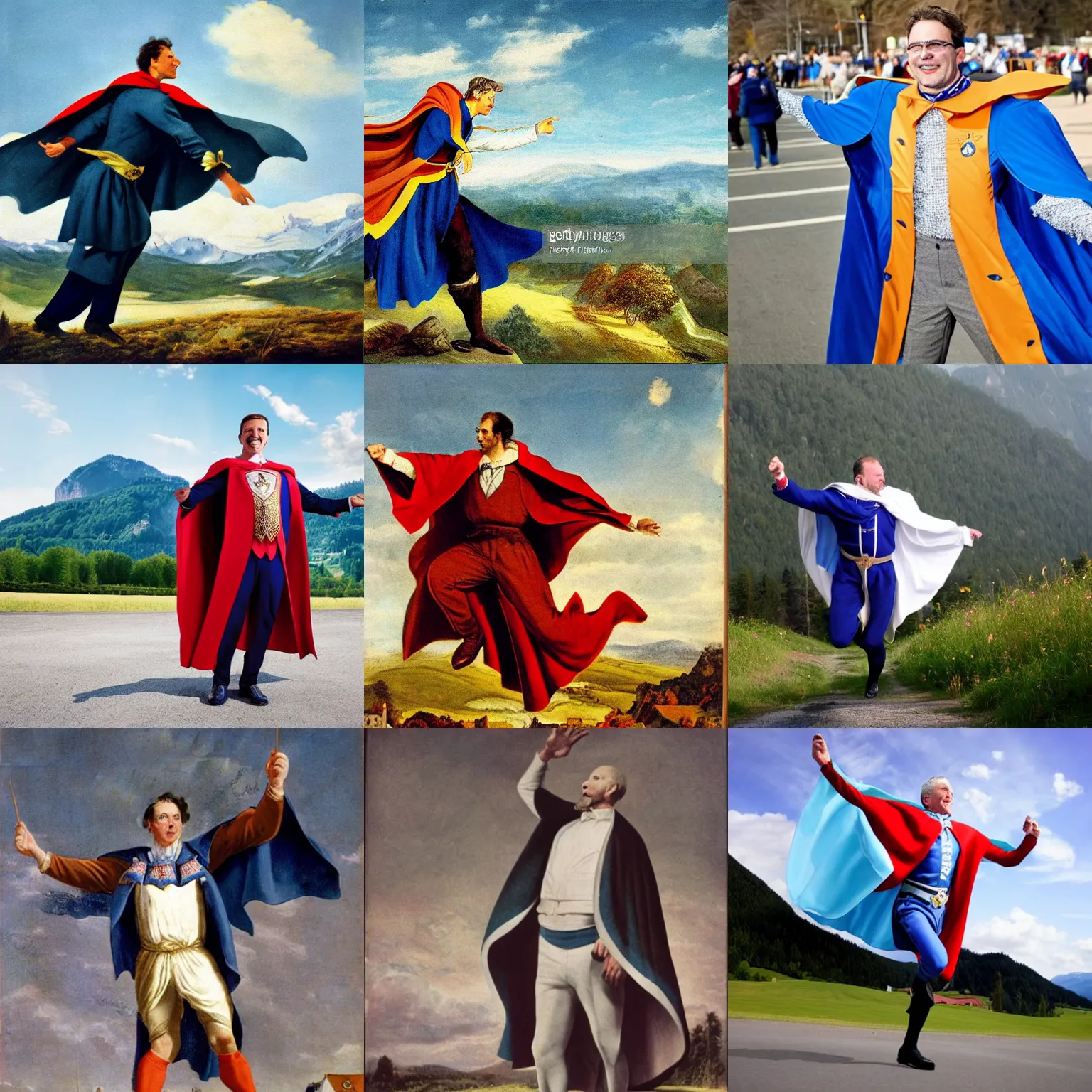 Prompt: bavaria man wearing a cape, flying