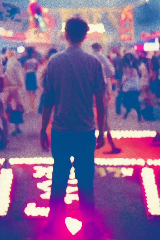 Image similar to agfa vista 4 0 0 photograph of a guy standing in the middle of a carnival, back view, synth vibe, vaporwave colors, lens flare, moody lighting, moody vibe, telephoto, 9 0 s vibe, blurry background, grain, tranquil, calm, faded!,