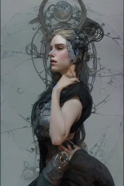 Image similar to Portrait of beautiful pale cyberpunk gothic maiden, master drawing, intricate, elegant, highly detailed, digital painting, artstation, concept art, smooth, sharp focus, illustration, art alphonse mucha and james gurney and craig mullins and wlop
