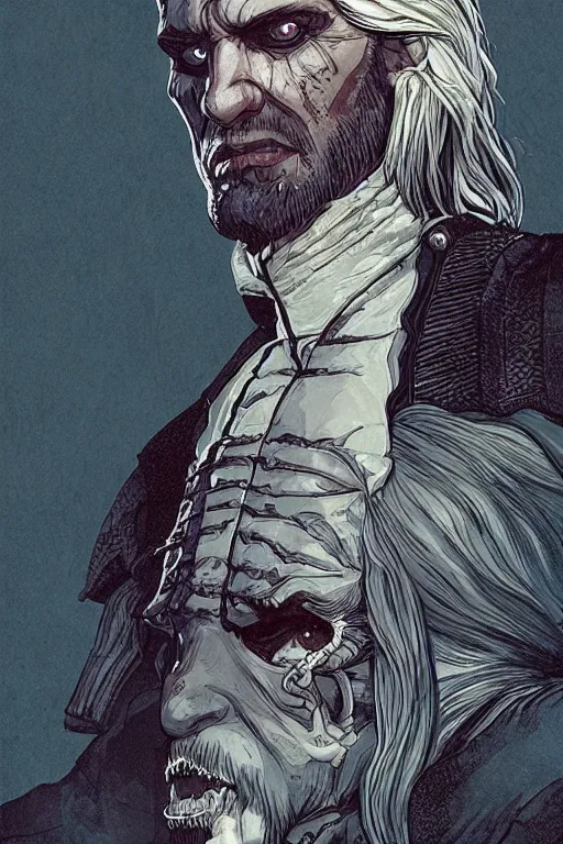 Image similar to geralt of rivia in sleepy hollow, full body, big two toned eyes, teeth gritted, horror, intricate details, cinematic, epic, realistic, anatomy, tomer hanuka, uplight, artstation, photorealistic, scary