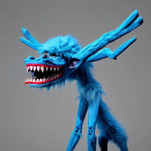 Prompt: blue creature with fur, a trianguar head, huge bright red lips, long sharp teeth, beady black eyes, spindly limbs, photorealistic, 3 d model, unreal engine, 4 k, artstation, trending