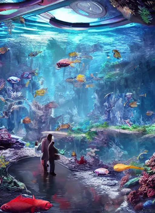 Image similar to people observing lots of beautiful fish in an underground aquarium corridor, in the style of andreas hoher, fantasy art, ray tracing, water droplets, highly detailed, artstation trend, highly detailed and intricate, sharp focus, photography, unreal engine 5