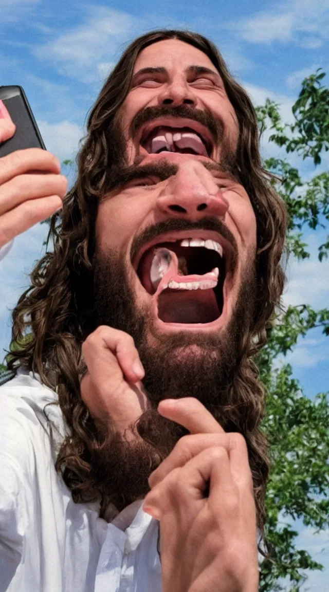 Image similar to Jesus taking a selfie. He is laughing because see a meme.no letters, year 0 clotes, Professional photo