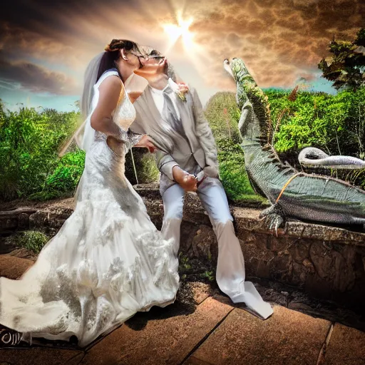 Image similar to iguana people wedding photography high quality HDR sunbeams ray traced lighting