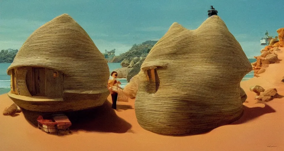 Image similar to tiny seashell house where a hermit girl lives, atmospheric cinematography by syd mead