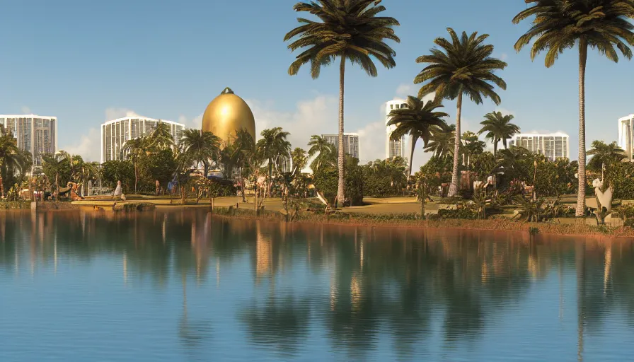 Prompt: concept city art of artificial lake surrounded by palm trees and small shops and slass hotels domes near miami, sunny day, reflections, volumetric light, hyperdetailed, artstation, cgsociety, 8 k