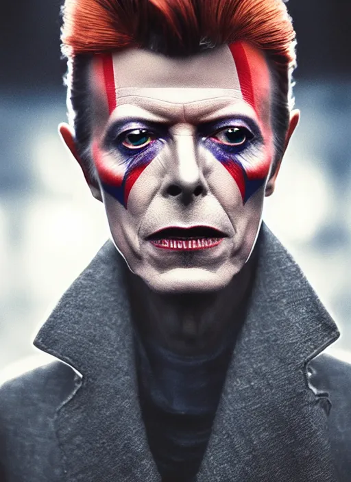 Image similar to david bowie in real life, face centered portrait of david bowie, confident, fog, rain, volumetric lighting, beautiful, golden hour, sharp focus, ultra detailed, cgsociety by leesha hannigan, ross tran, thierry doizon, kai carpenter, ignacio fernandez rios, noir art house, 4 k, 3 5 mm, fujifilm